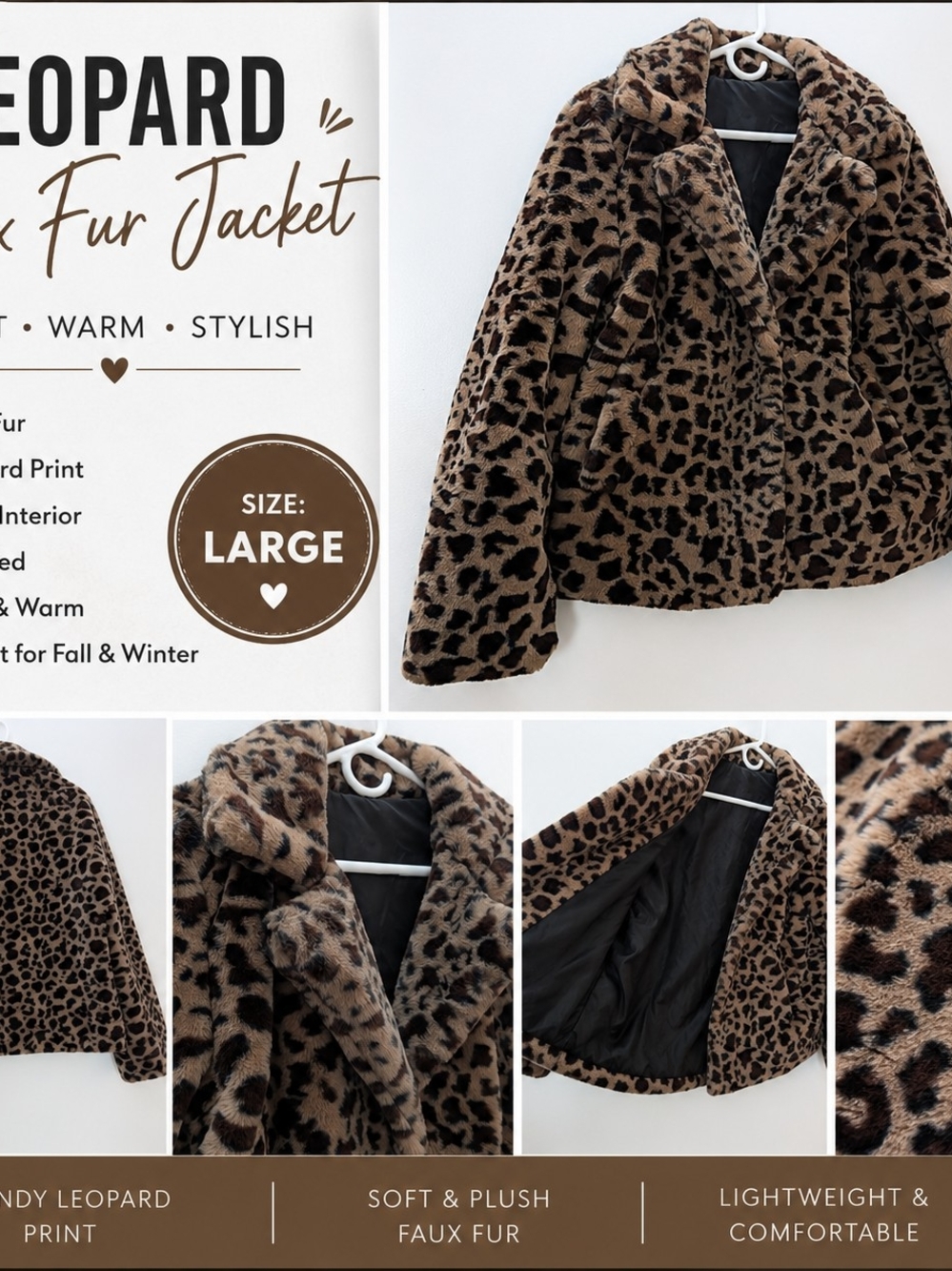 Leopard Print Faux Fur Jacket - Brown & Black
